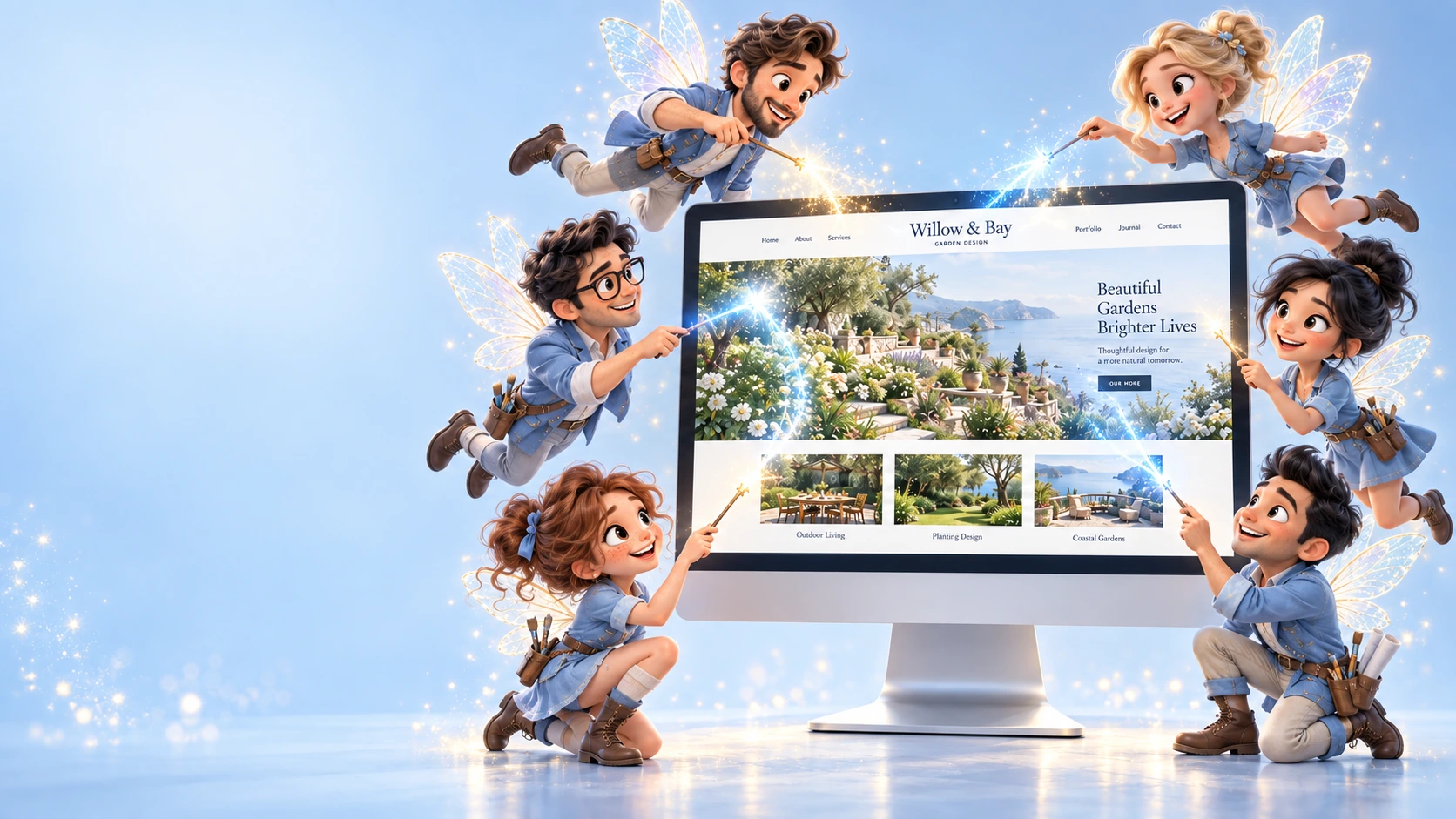 Six playful cartoon fairies in light-blue outfits work together, casting sparkling wands towards a monitor displaying a beautifully refreshed website